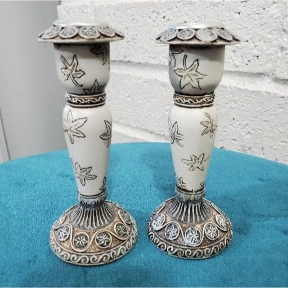 Lot Of 2 Ganz Candlestick Holders Leaves Pattern 5 Inch Cream Ivory Brown BC7875